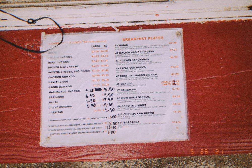 Menu at WowWee's Cafe, San Marcos