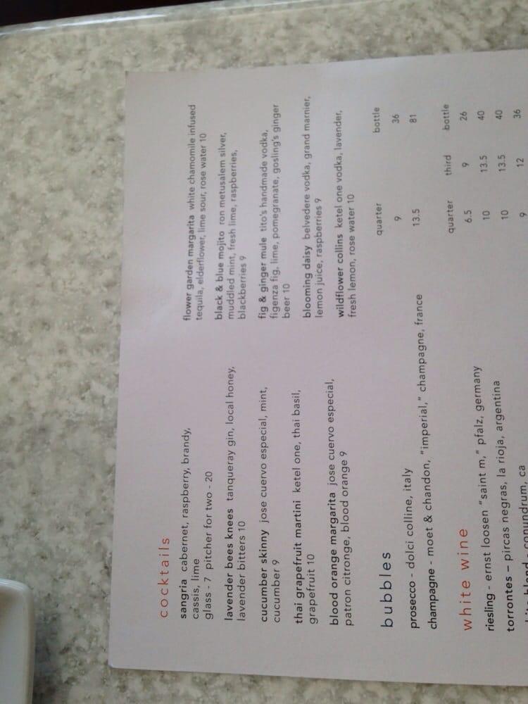 Menu at Wildflower restaurant, Tucson