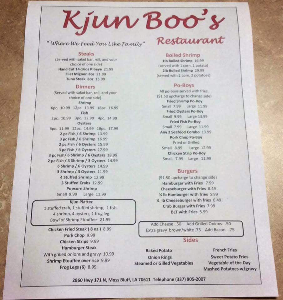 Menu at Kjun Boo's restaurant, Moss Bluff, US171