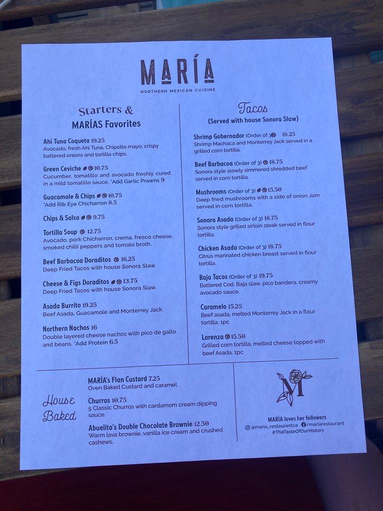 Menu at Maria Northern Mexican Cuisine restaurant, Edmonton