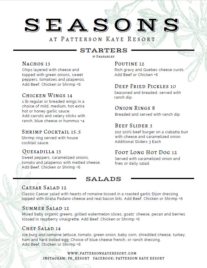 Menu at Patterson Kaye Resort & Seasons Restaurant, Bracebridge