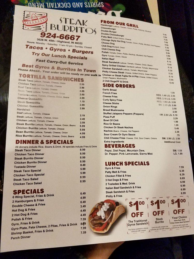Menu at Steak Burrito restaurant, Highland