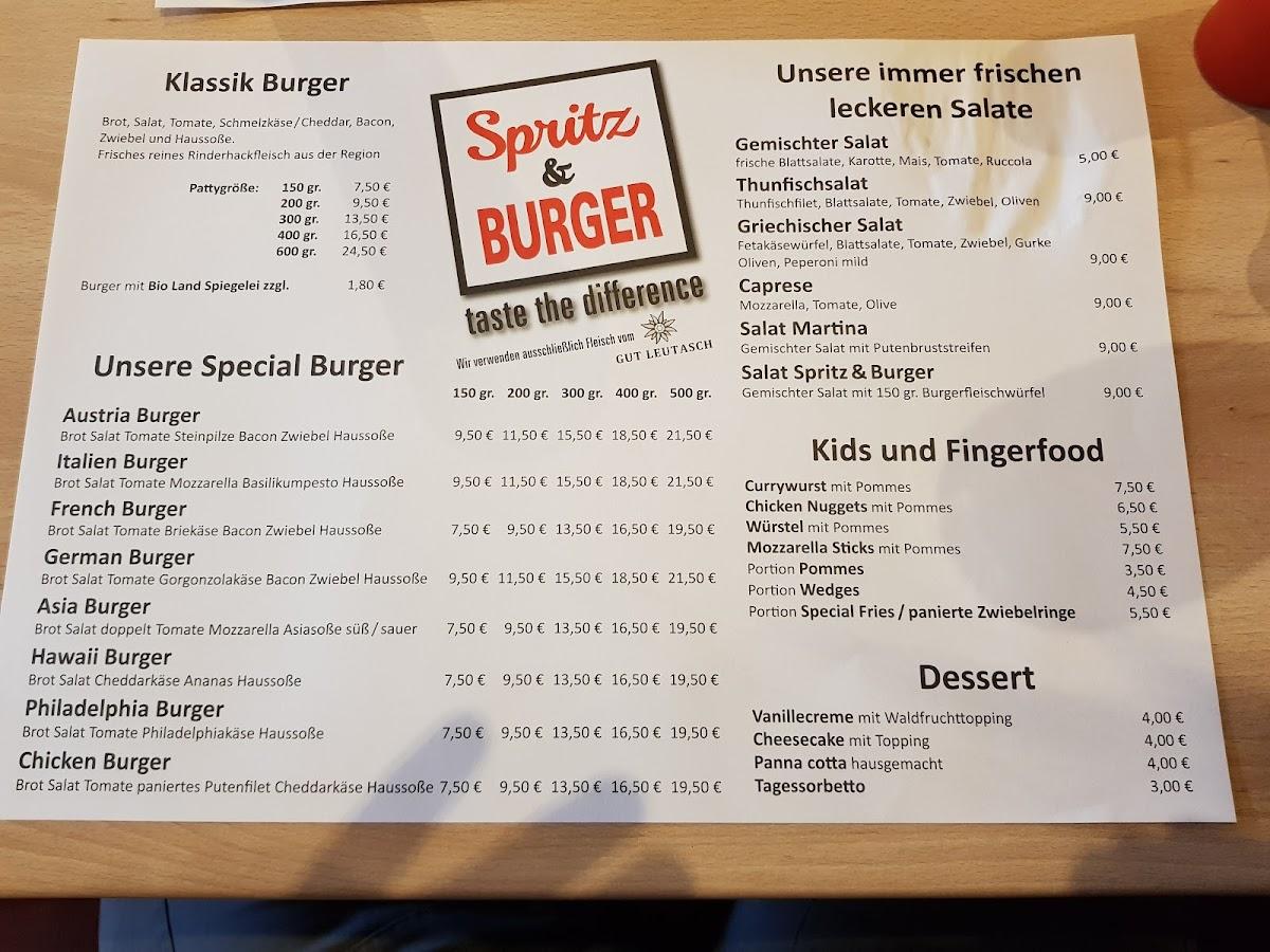 Menu at Spritz & Burger Hamburgeria restaurant, Seefeld