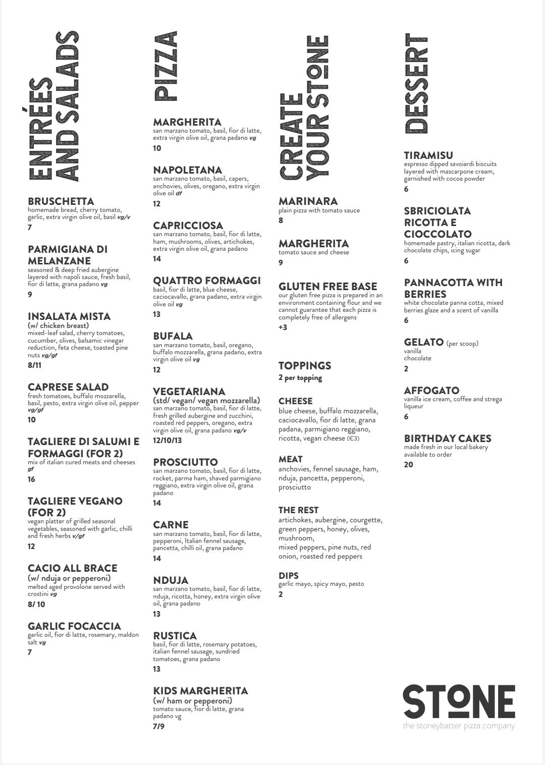 Menu at Stone Pizza restaurant, Dublin