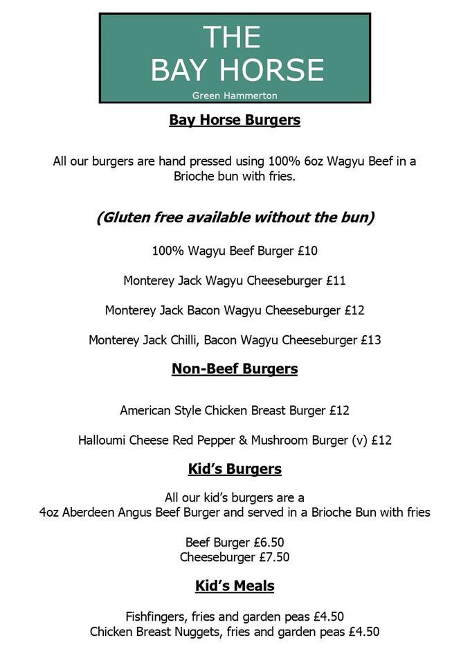 Menu at The Bay Horse Inn pub & bar, Green Hammerton, York Rd