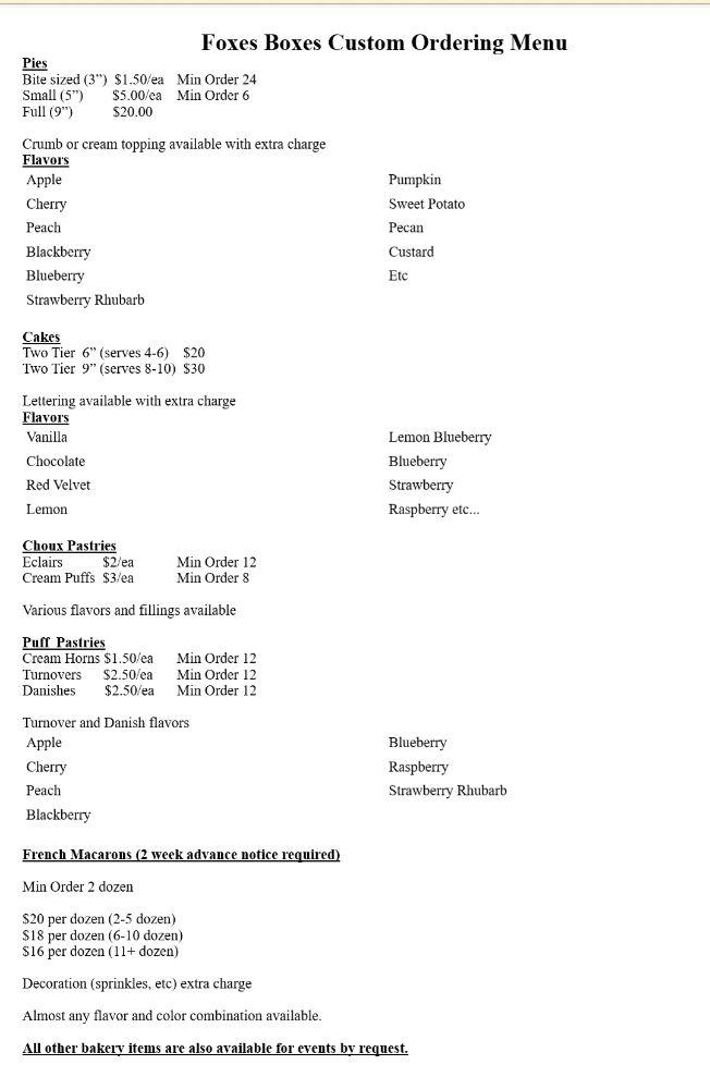 Menu at Foxes Boxes, Bethalto, 515A N Bellwood Dr