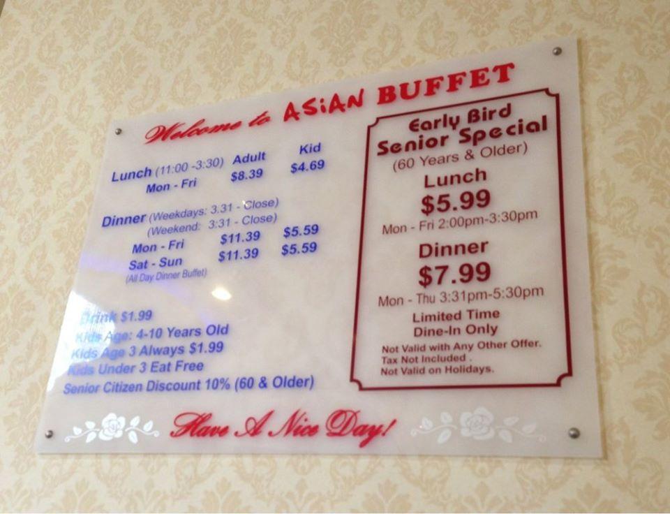 Menu at Asian Buffet restaurant, Killeen