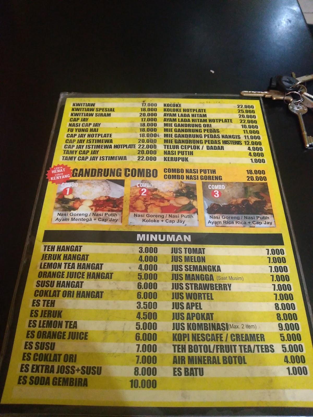 Menu at Nasi Goreng Gandrung restaurant, Malang, 3J35+2FX