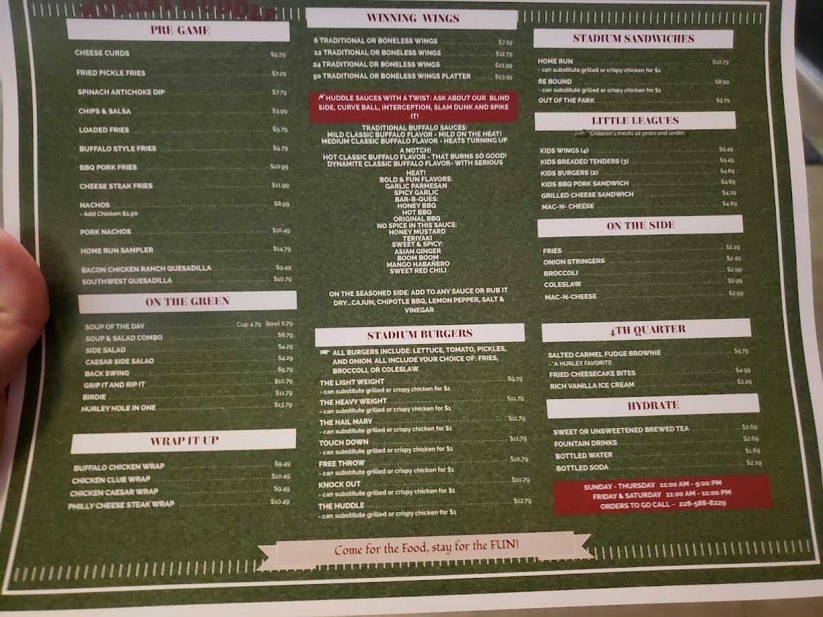 Menu at Hurley Huddle Sports Grill restaurant, Hurley