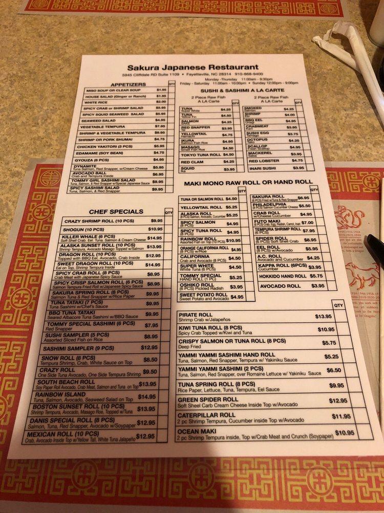 Menu at Sakura Restaurant, Fayetteville, Cliffdale Rd 1109