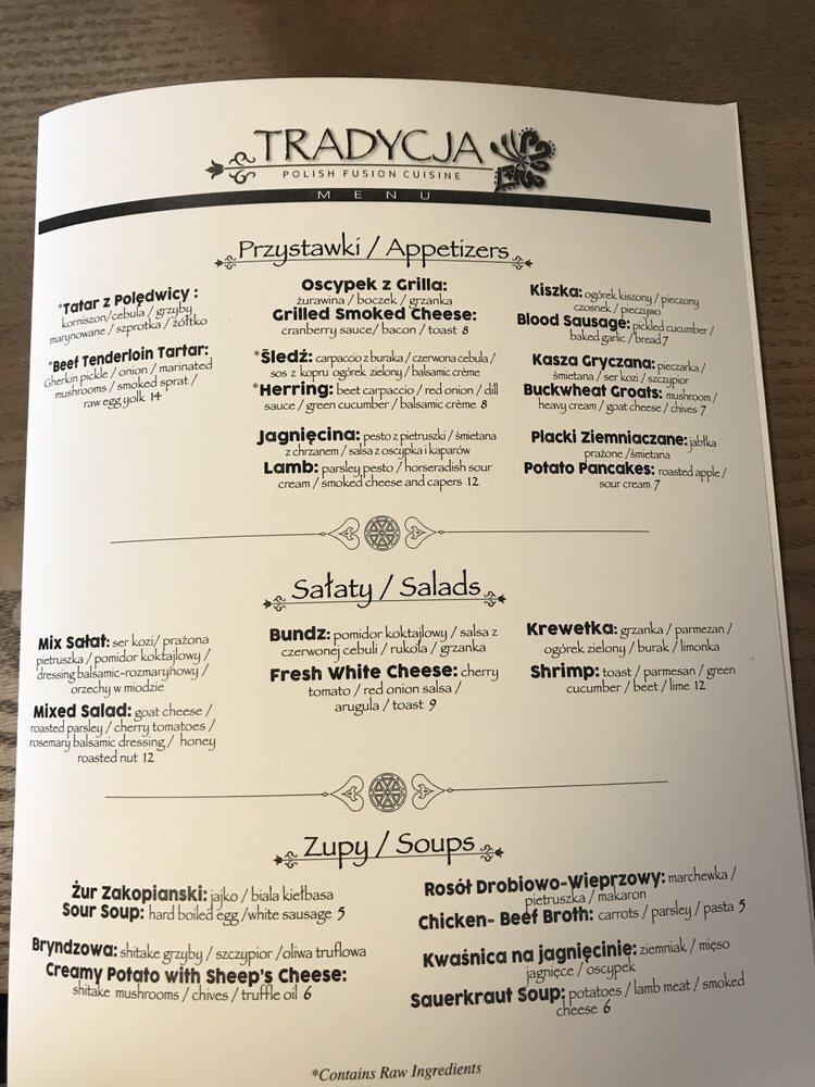 Menu at Tradycja Polish Fusion Cuisine restaurant, Orland Park