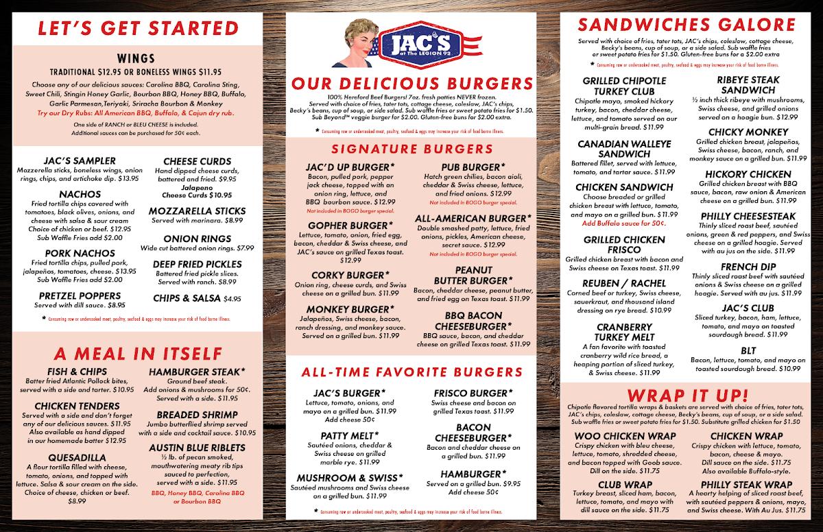Menu at American Legion, Wm. T. McCoy Post 92 pub & bar, Rochester