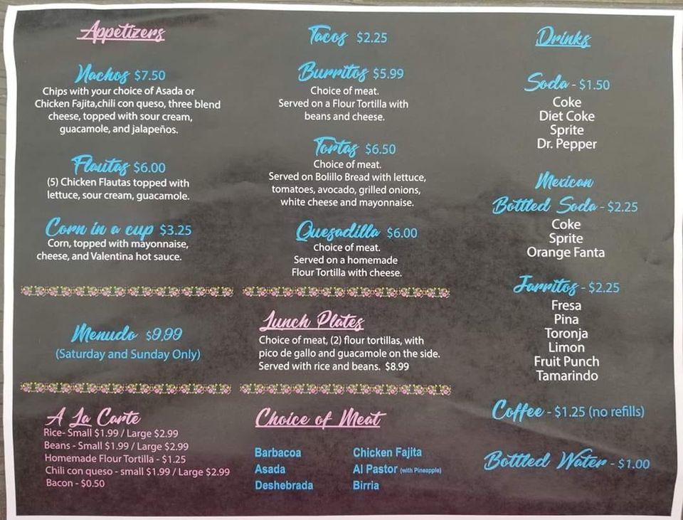 Menu at Taquería Flores restaurant, Santa Fe