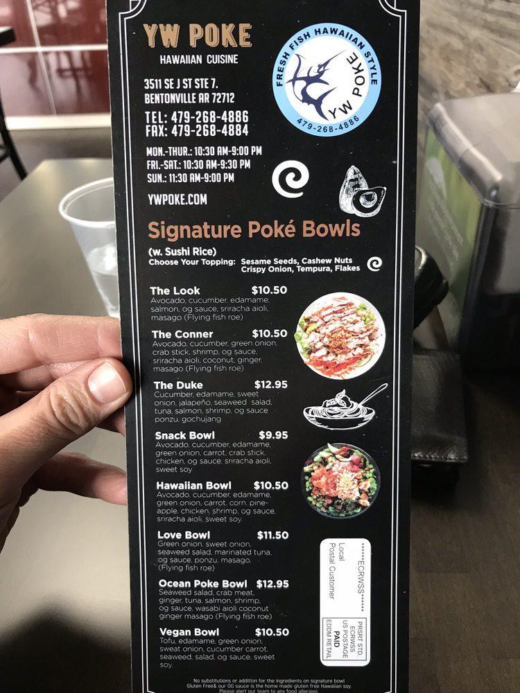 Menu at YW POKE restaurant, Bentonville