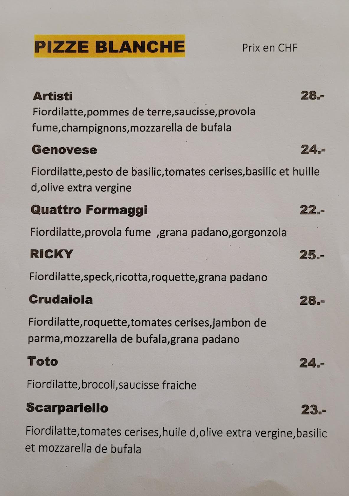 Menu da Artisti Pizza & Brace, Conthey