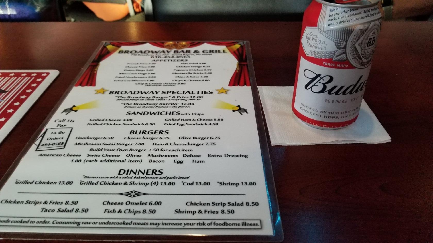 Menu at Broadway Bar, Grand Rapids