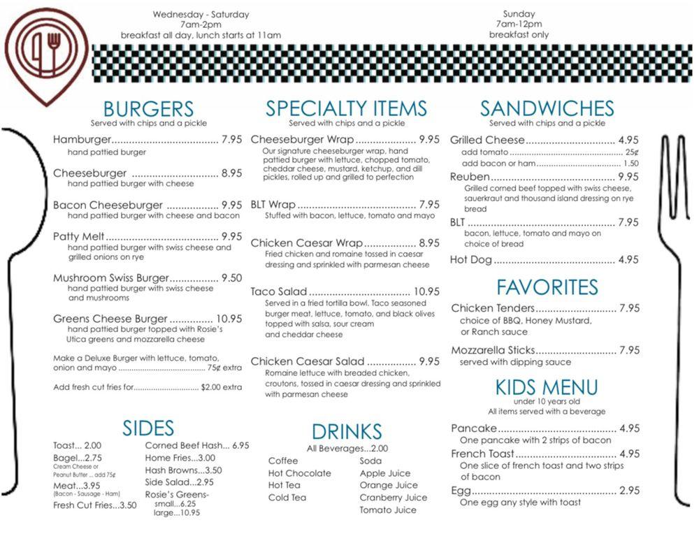 Menu at Rosie's Oriskany Diner cafe, Oriskany, NY69