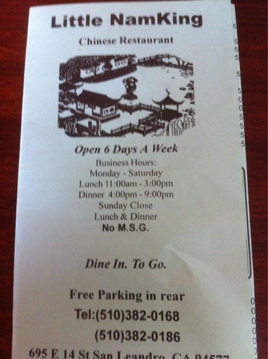 Menu at Little Namking restaurant, San Leandro
