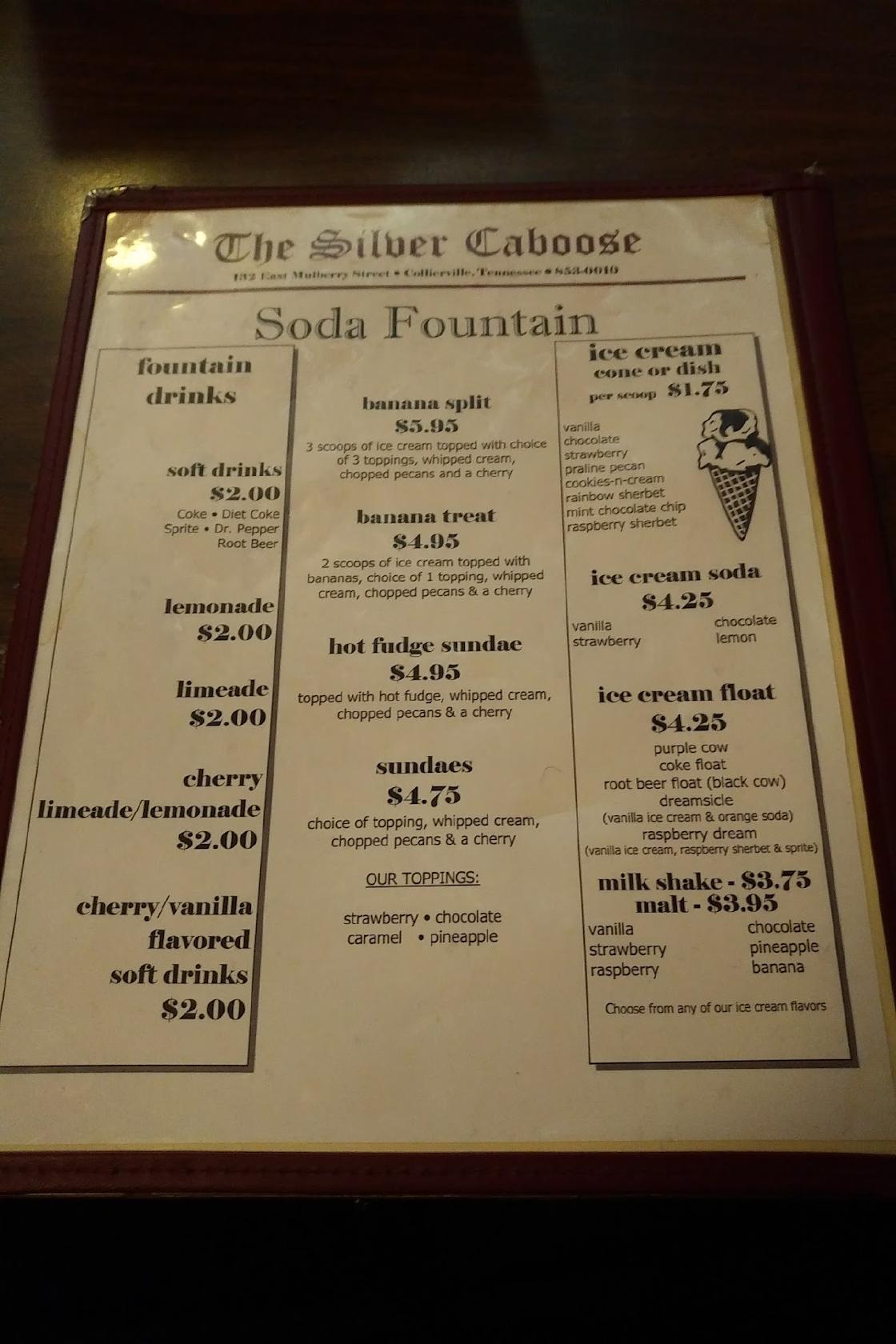 Menu at Silver Caboose Restaurant & Soda Fountain, Collierville