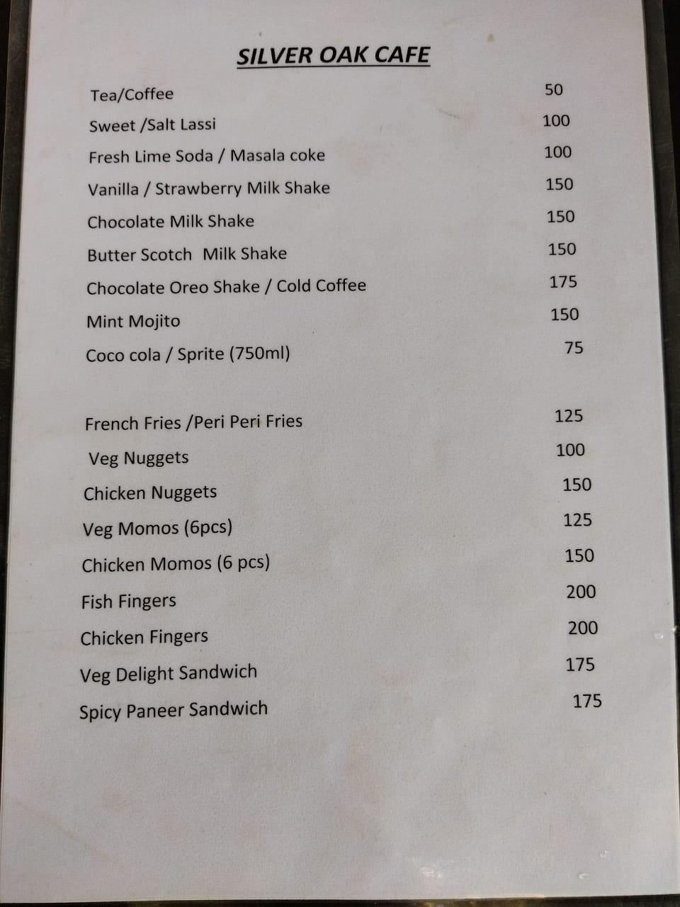 Menu at Silver Oak Cafe, India