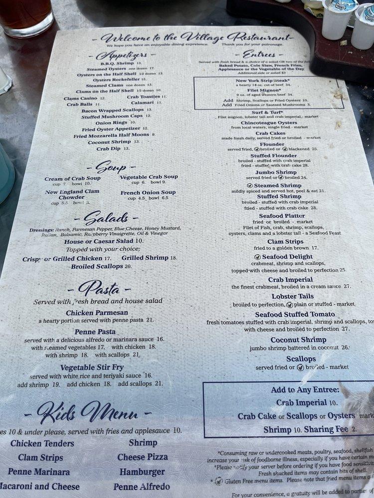 Menu at The Village Restaurant, Chincoteague Island