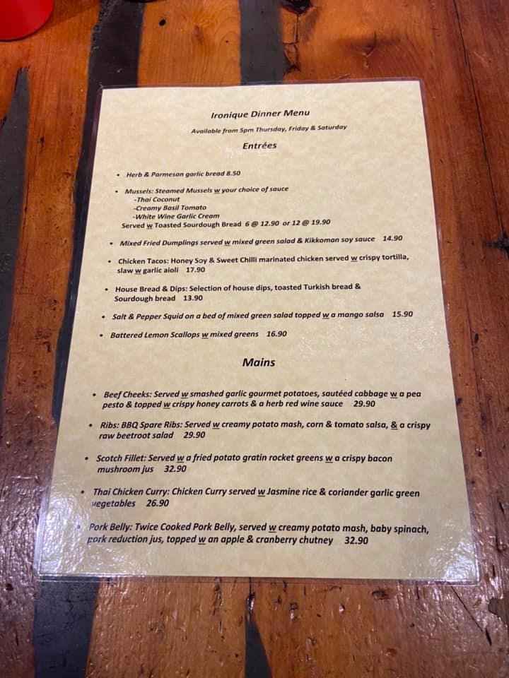 Menu at Ironique Cafe, Te Aroha