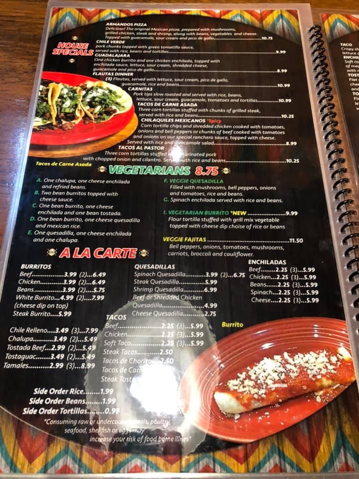 Menu at Tulum restaurant, Plover