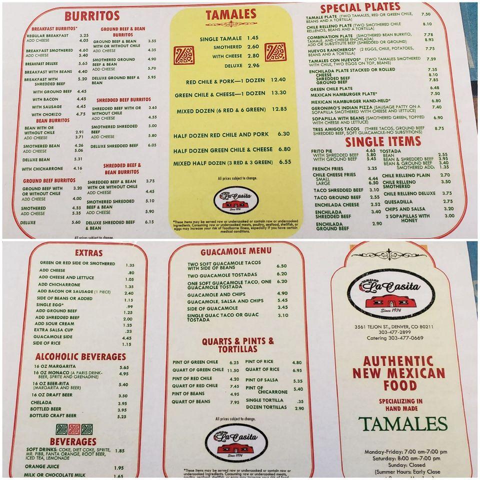 Menu at Tamales By La Casita restaurant, Denver, Tejon St