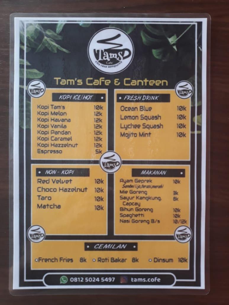 Menu at Tams cafe and canteen, Metro