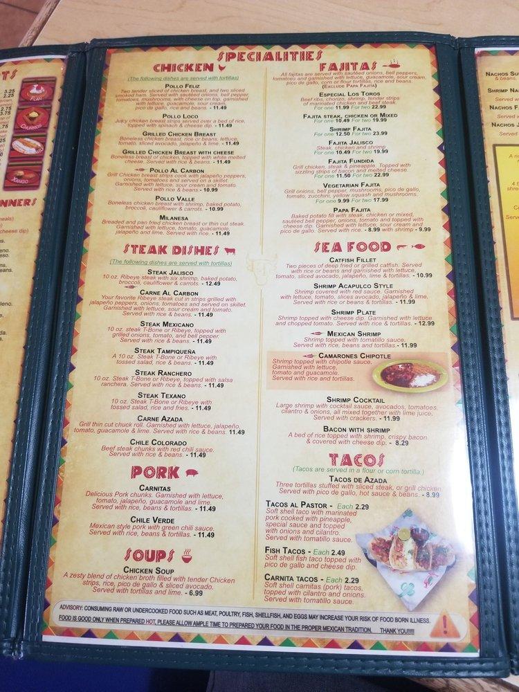 Menu at Los Toros restaurant, Guntown, MS145