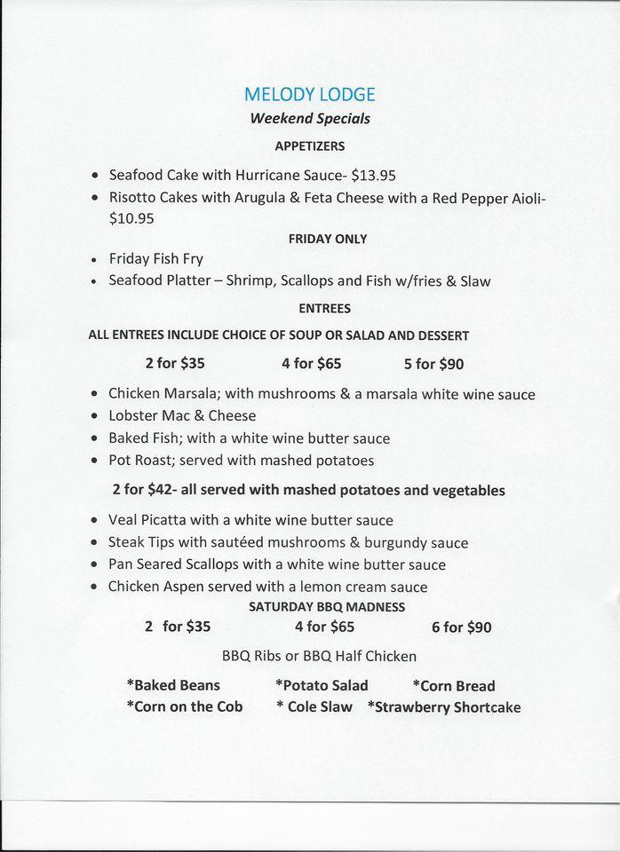 Menu at Melody Lodge pub & bar, Speculator, 111 Old Indian Lake Rd.