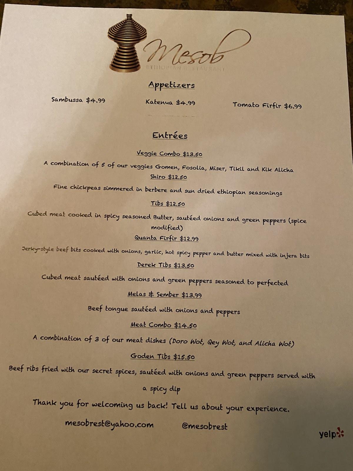Carta de Mesob Ethiopian Restaurant, Denver