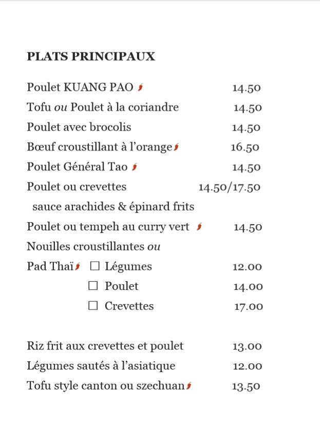 Le Caract re Chinois restaurant Montr al Menu du restaurant et