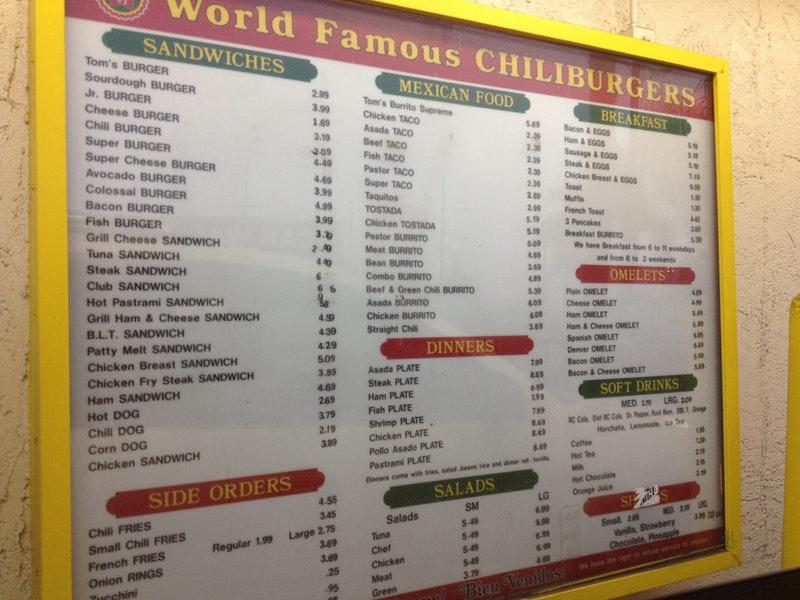 Menu at Tom's 1 World Famous Chili Burgers restaurant, Carson