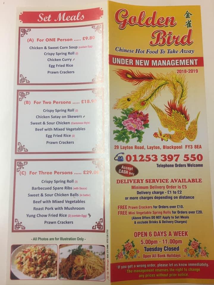 Menu at Golden Bird fast food, Blackpool