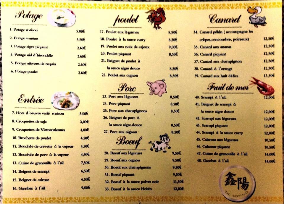 Menu at Chinois-traiteur Sin-Yang, Peruwelz