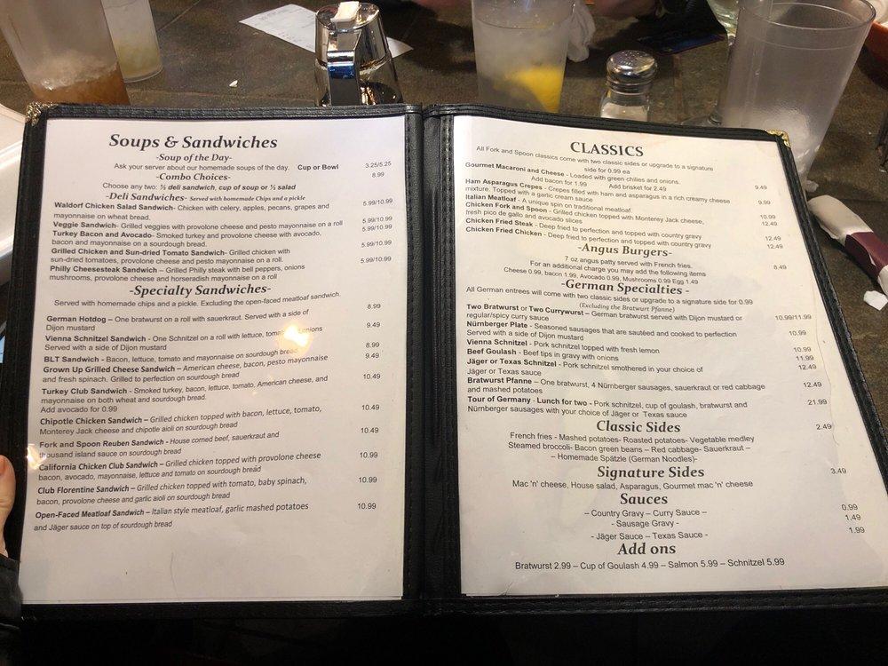 Menu at Fork and Spoon restaurant, New Braunfels