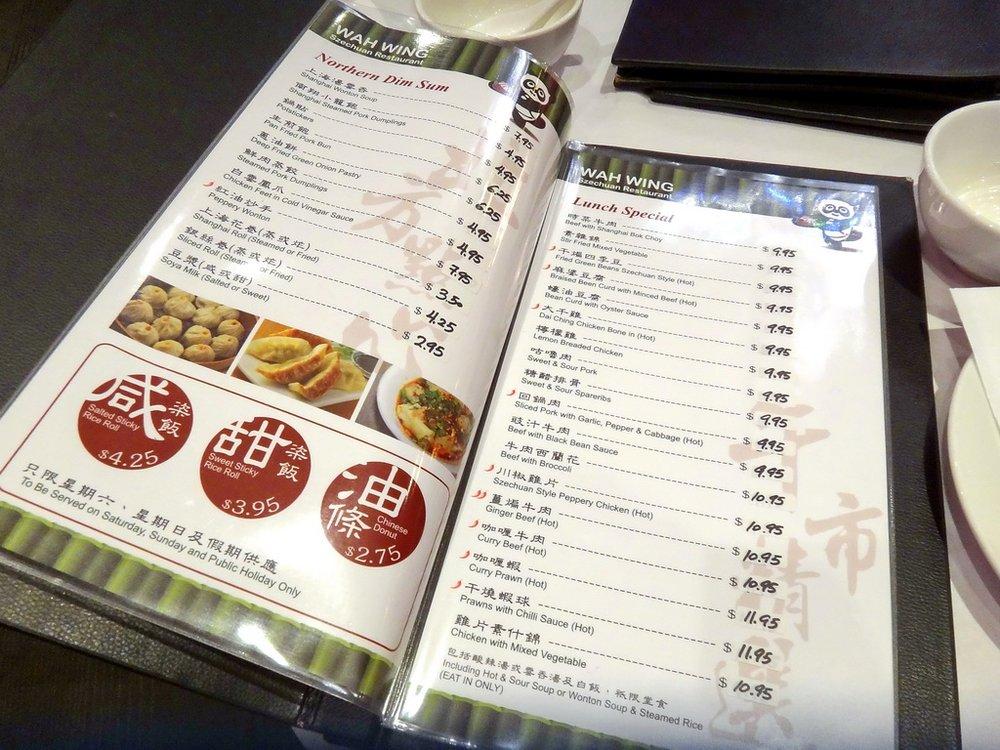 Carta de Wah Wing Szechuan Restaurant, Port Coquitlam