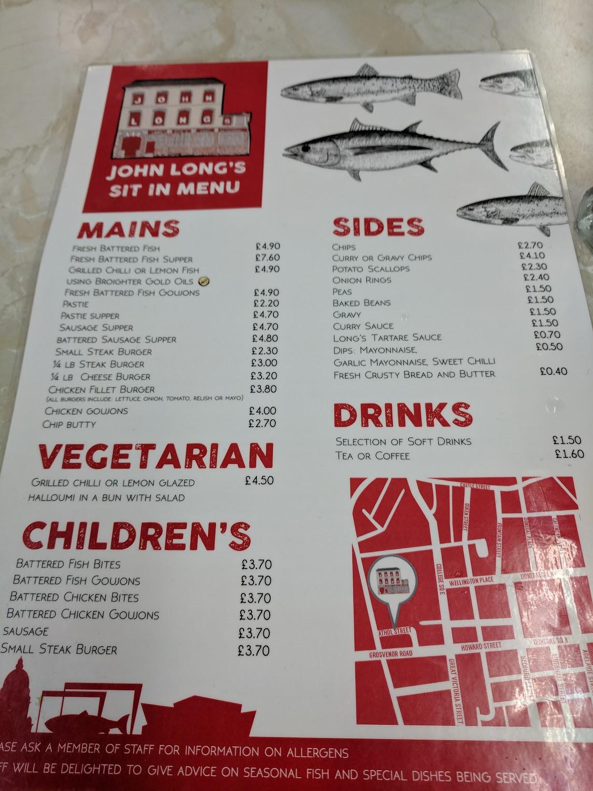 Menu at John Long’s restaurant, Belfast