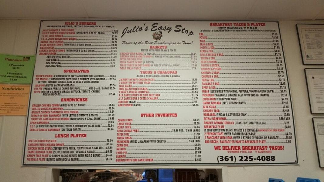 Menu at Julio's Easy Stop restaurant, Corpus Christi