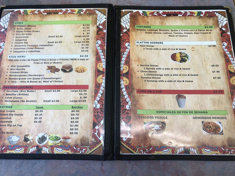 Menu at Tacos Calvillo restaurant, Danville