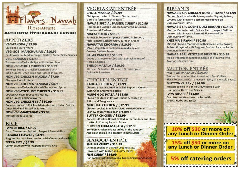 Menu at Flavors of Nawab restaurant, Ellington