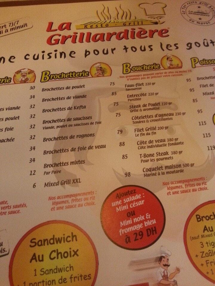 Menu at La Grillardière fast food, Casablanca, Rue Abou Alaa Zahr
