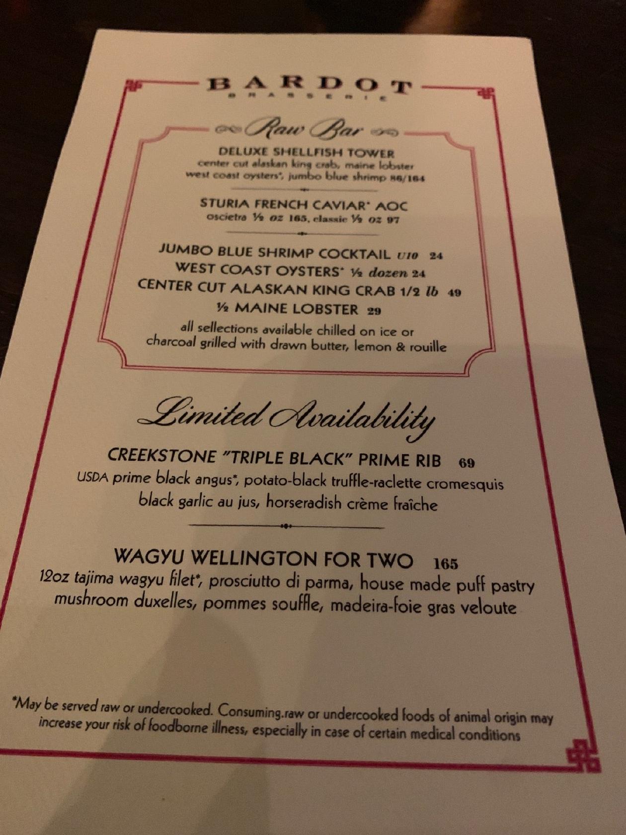Menu at Bardot Brasserie, Las Vegas, 3730 S Las Vegas Blvd