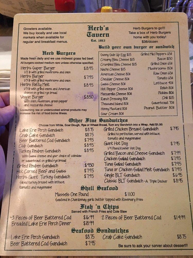 Menu at Herb's Tavern restaurant, Rocky River