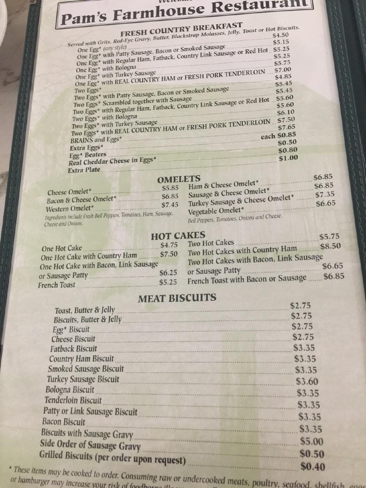 Menu at Pam's Farmhouse Restaurant, Raleigh