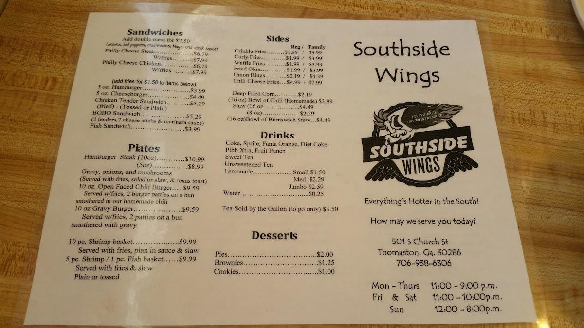 Menu at Southside Wings restaurant, Thomaston