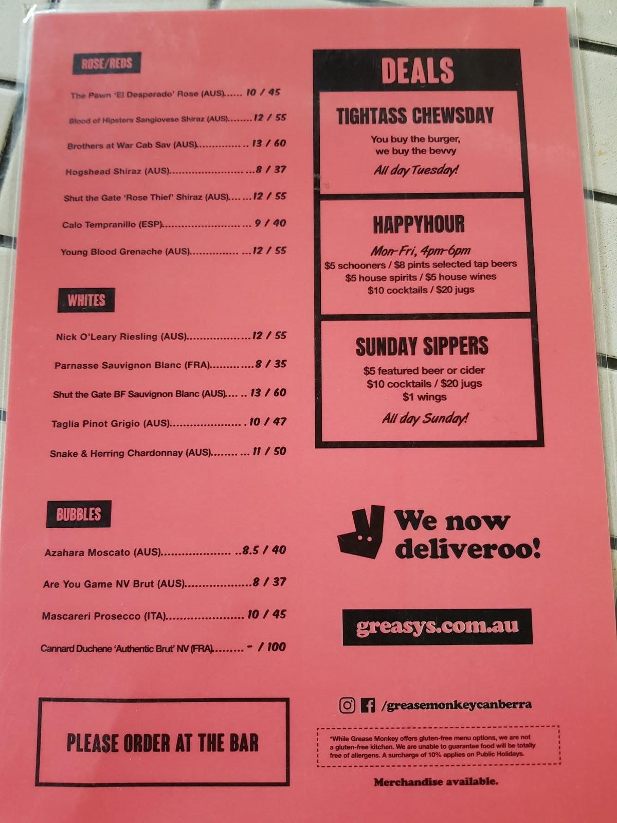 Menu at Grease Monkey pub & bar, Braddon