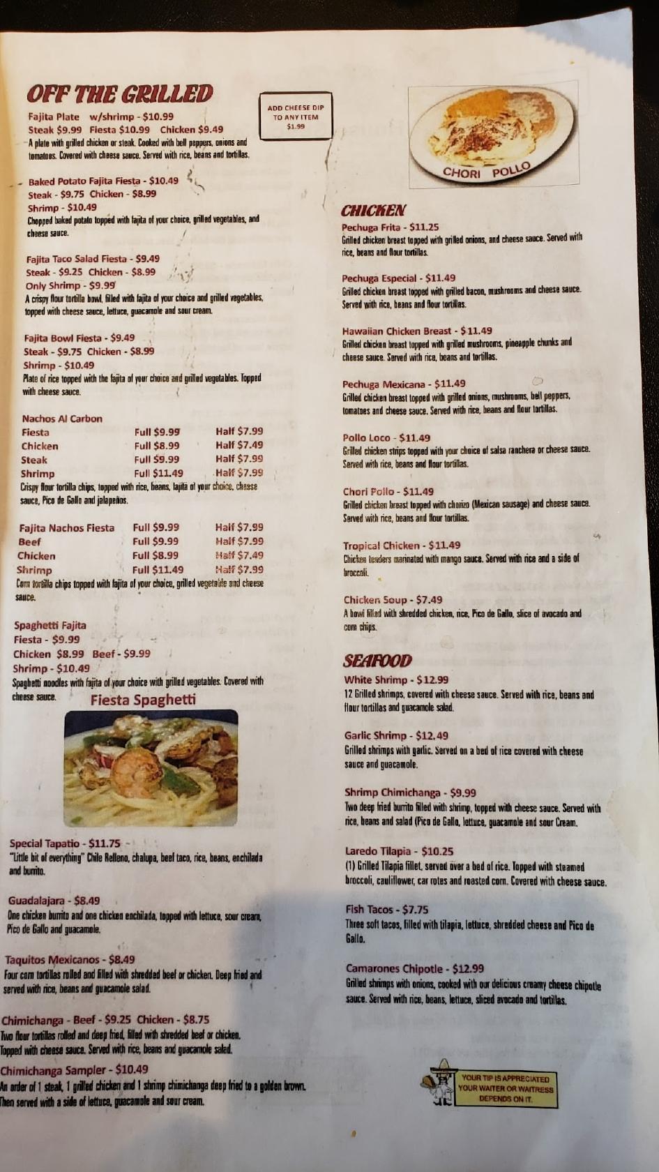 Menu at Piñata Mexican Grill restaurant, Baldwyn