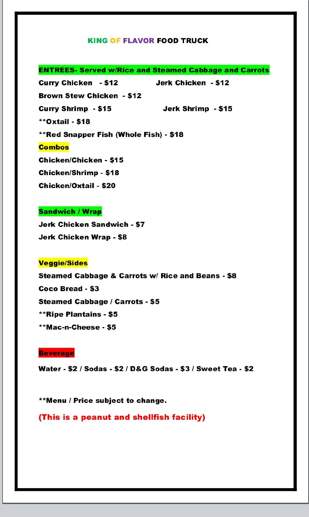 Menu at King of FLAVOR Jamaican Food Truck restaurant, Martinsburg